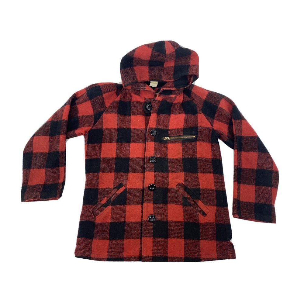 Buffalo Plaid Wool Jacket Hooded Sears Mens Store Size Medium Vintage